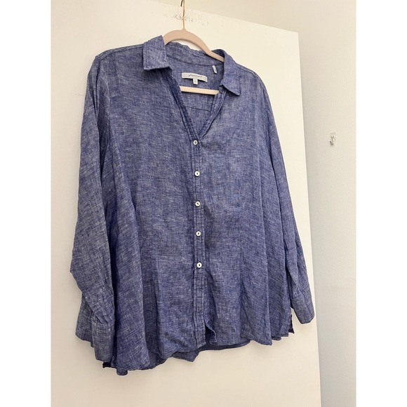 Foxcroft NYC Women’s  Linen Button Down large Blue Split Neck Side Slit Blouse - Picture 5 of 6